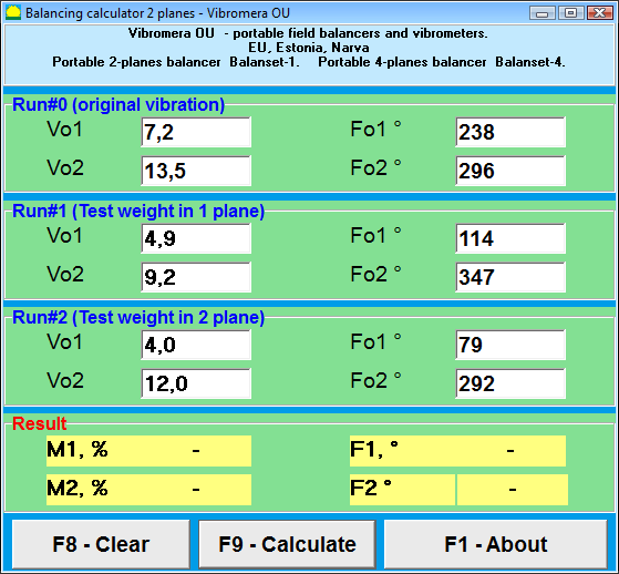 Dynamic balancing calculator. Main window-input vibration data and calculate balancing weights and angles
