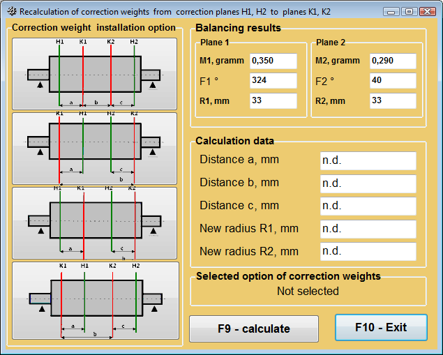Field dynamic balancer Balanset-1A. 
2-plane balancing window. 2-plane balancing. Correction weights mounting