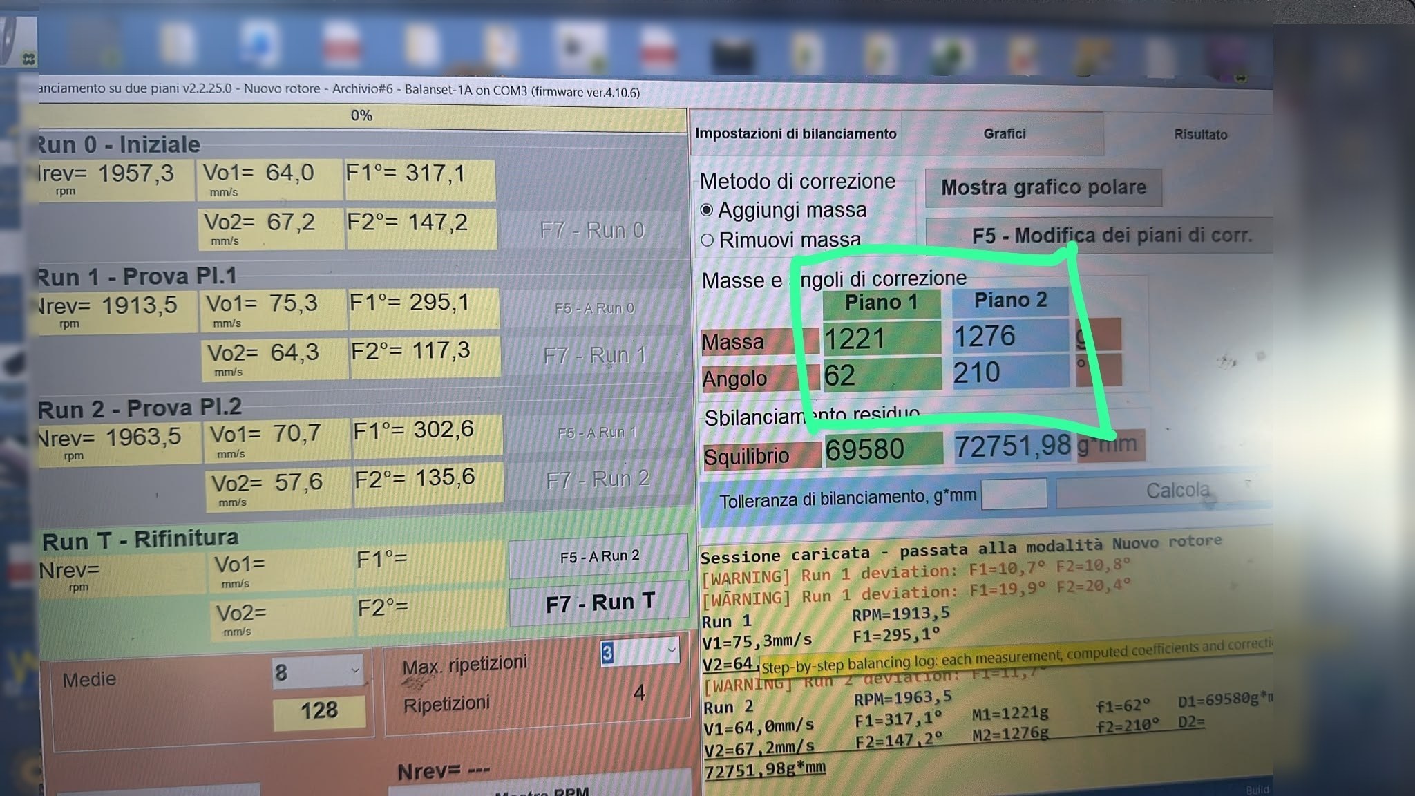 Balanset software showing computed correction masses and angles for two planes