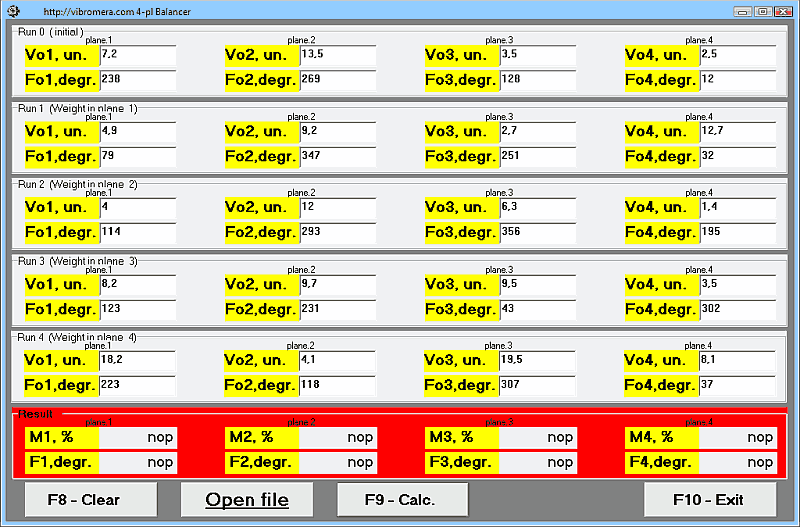 4-plane dynamic balancing calculator. Main window-Main window-input vibration data and calculate balancing weights and angles